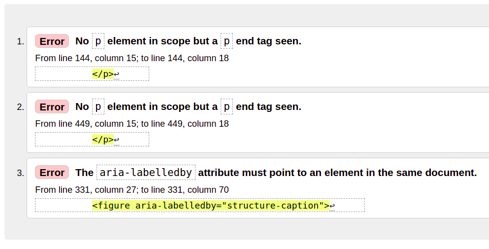 Image displaying the three errors from
validating this blog entry.